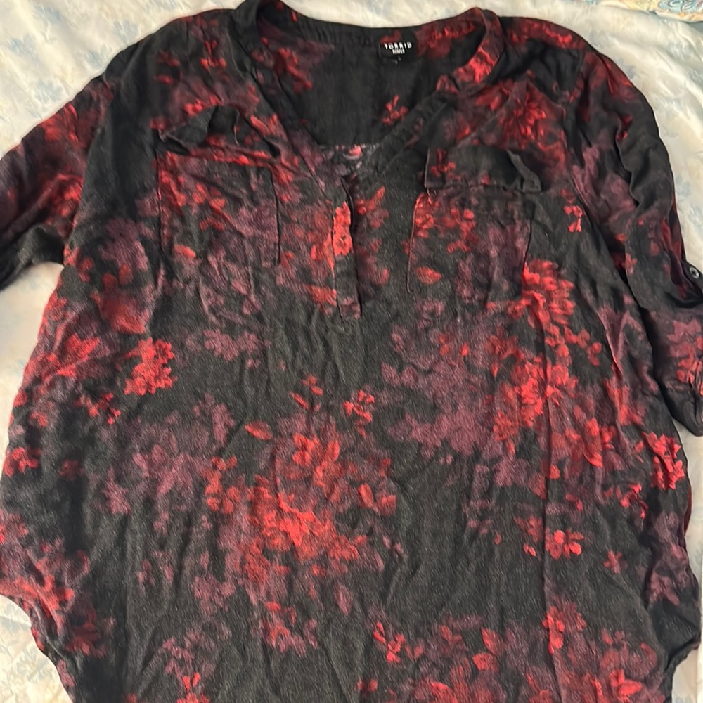 Torrid size 2 pink, purple red and black oversized shirt. Very soft half sleeve